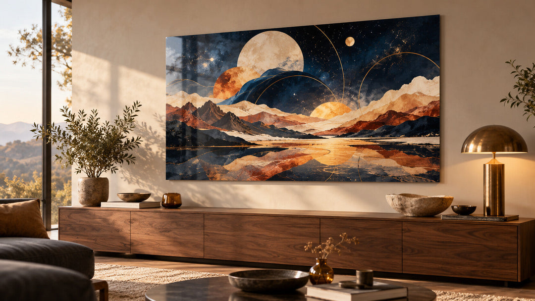 Room inspiration: one custom metal poster featuring original cosmic artwork above a console.