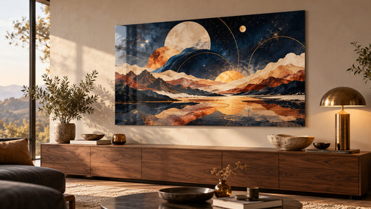 Room inspiration: one custom metal poster featuring original cosmic artwork above a console.