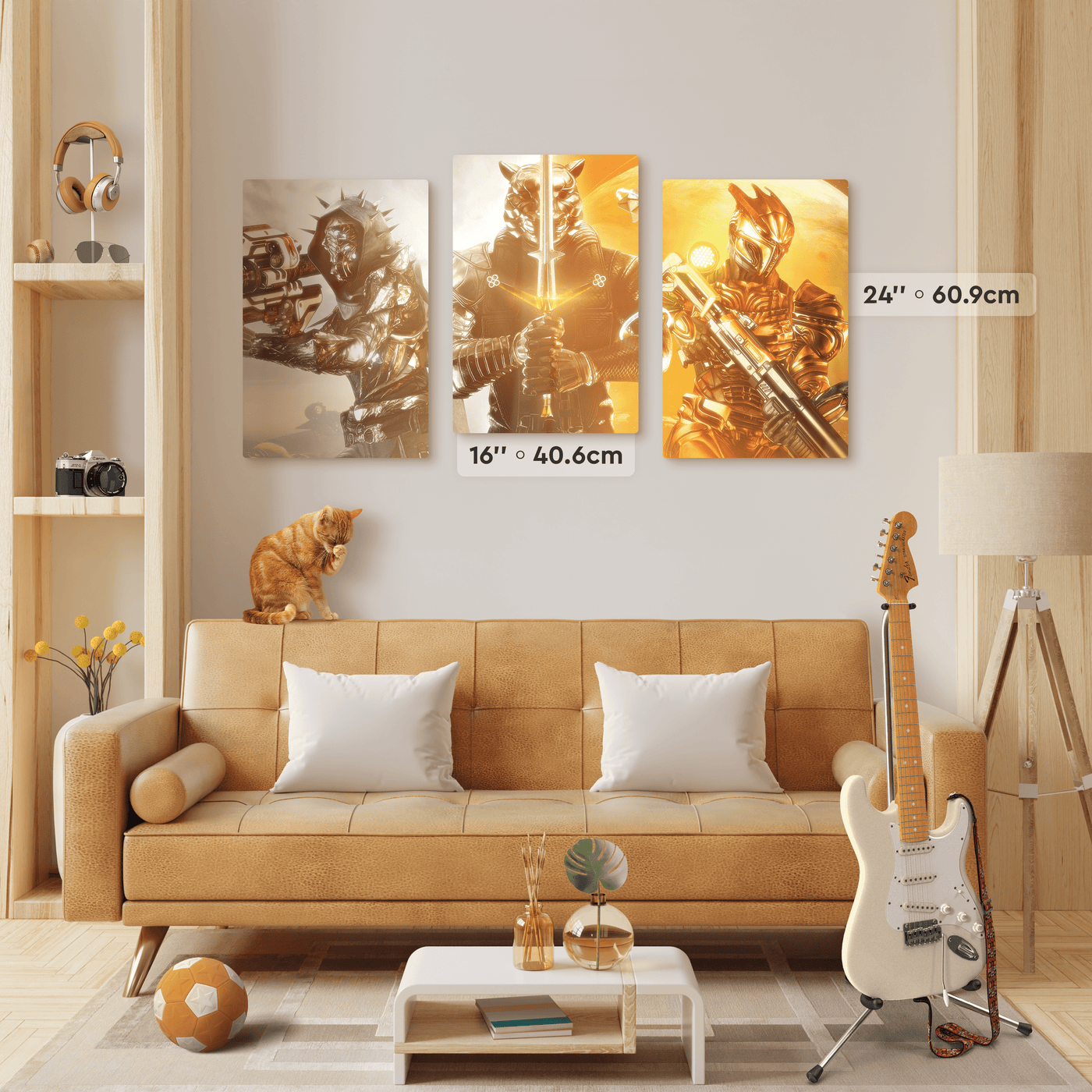Custom print on three metal posters 16''x24'' in size in living room interior.