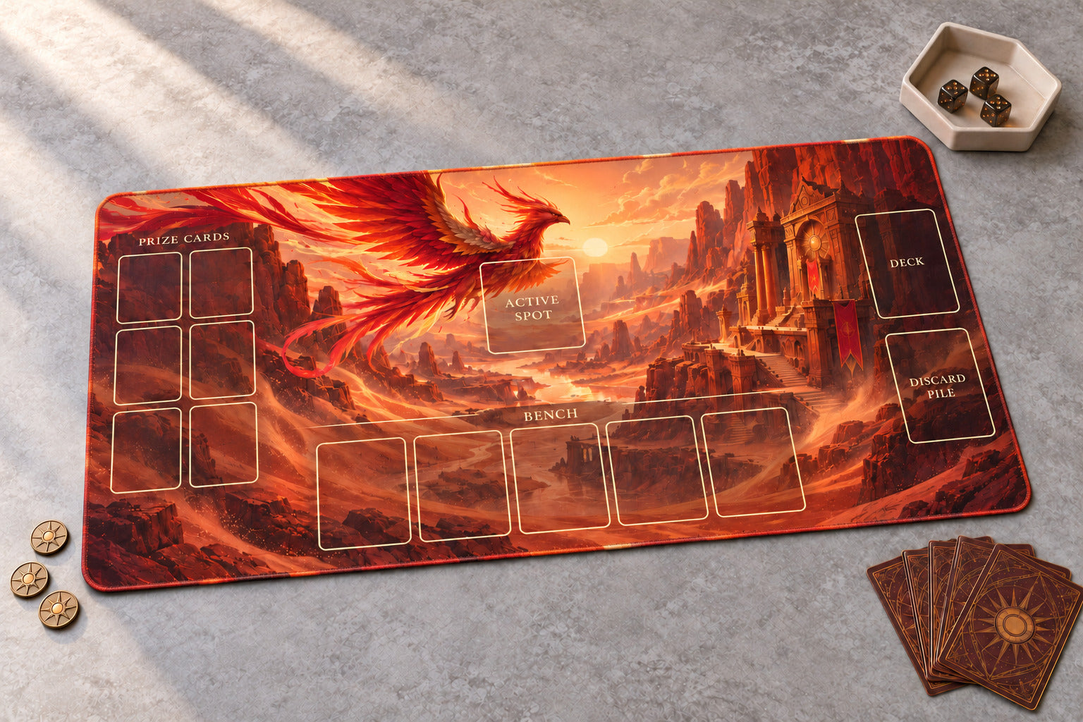 Custom playmat with phoenix and desert-temple artwork with smooth color-matched stitching and labelled card zones, photographed at an angle on a stone table.